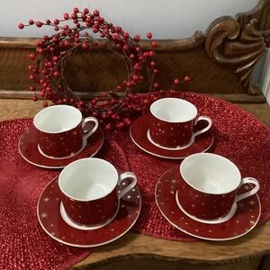 ⭐️ 4 Red Sakura Galaxy Mug & Saucer Plates 14K Gold Stars ⭐️